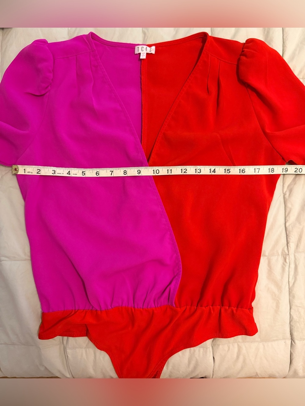 TCEC Two-Tone Pink and Red Long Sleeve Surplice Wrap Bodysuit - Size L - Picture 7 of 10